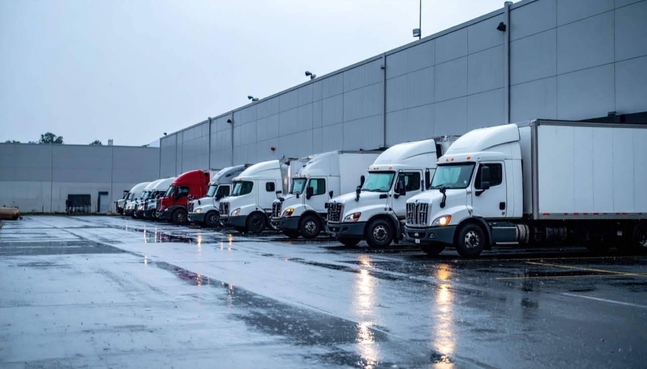 Tractors parked at a trucking yard